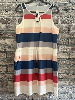 Striped Sleeveless Drawstring Pocket Dress - Navy, Red, Peach, Gray, cute Metal